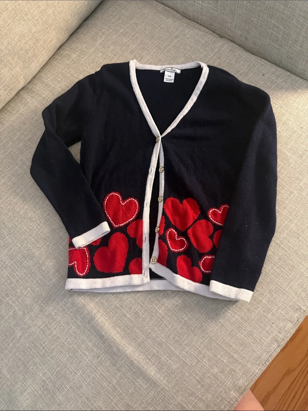 Hartstrings Navy Cardigan with Red Heart Motif and White Trim
